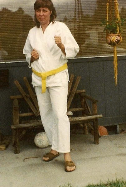 A photo of Judy in her Karate Gi